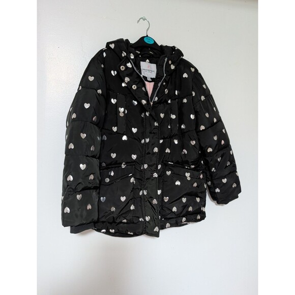 Puffer Coat Jacket Kids 10 /12 Winter Hooded Pockets Shiny Hearts Warm Fleece - Picture 2 of 6
